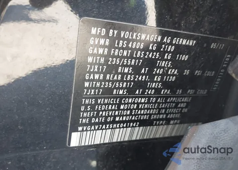 2017 Volkswagen Tiguan 2.0T/2.0T S from USA, damaged, VIN WVGAV7AX5HK041942